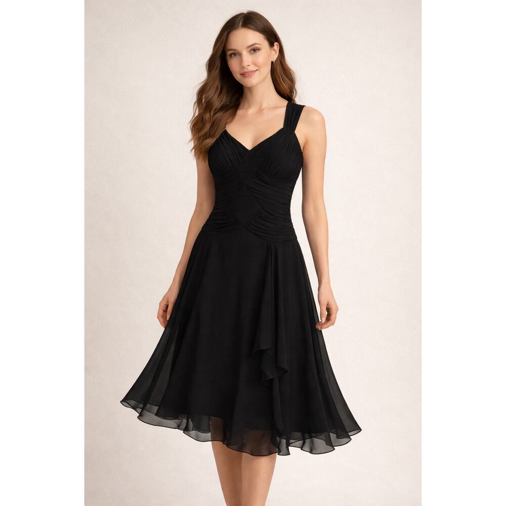 Sangria A-Line Pleated Chiffon Midi Dress Black Size 6